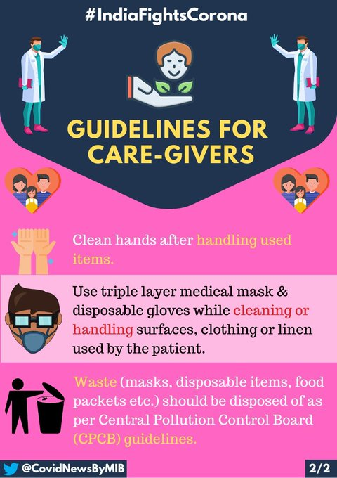 COVIDNewsByMIB's tweet photo. #IndiaFightsCorona: 

📍Guidelines for Care-Givers 👇

➡️Avoid direct contact with body fluids of the patient 
➡️Use disposable gloves when in patient's room
➡️Clean hands after handling used items 
➡️Use triple layer medical mask 

#StaySafe #IndiaWillWin https://t.co/0mwv3Enqmq