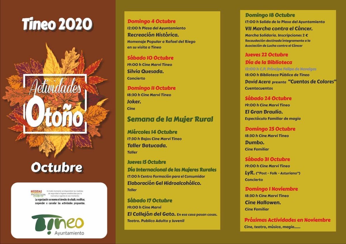 TurismoTineo's tweet photo. Tras el éxito de las Actividades de Verano, comienza este mes de octubre, la nueva programación de otoño.

Cine, teatro, conciertos... que nos ayudarán a llevar mucho mejor estos meses próximos.

¡Te esperamos! #TineoTeEspera #Asturias #Tineo https://t.co/J2lW7gSCPa