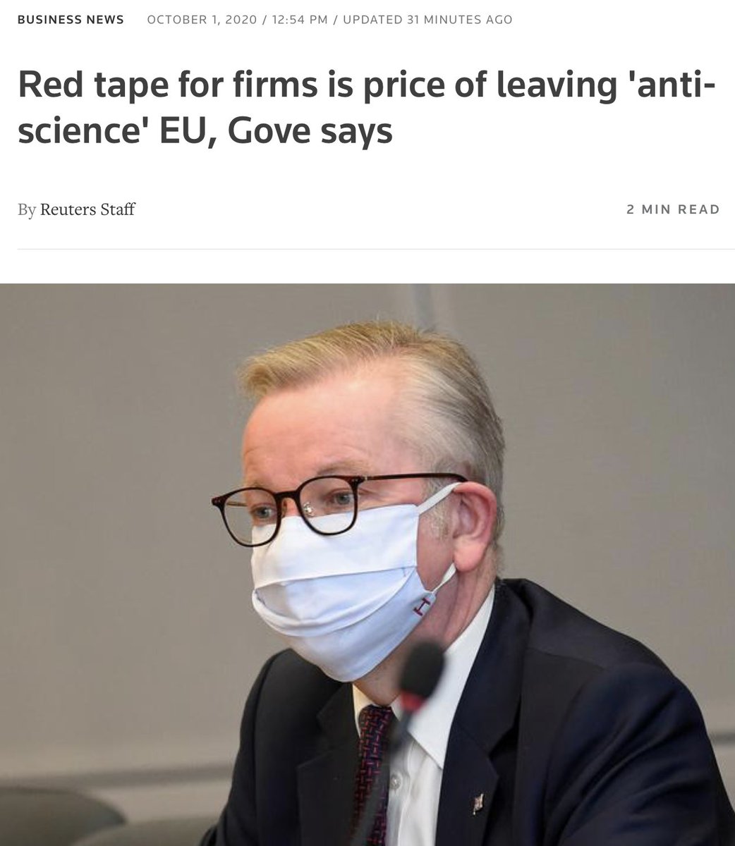 Gove said leaving the EU would mean less red tape. Blatantly a lie, he rebrands it as "the price" for leaving the "anti-science EU" ? The same EU which enabled so much UK research ?

Apologies, I "misspoke" when I branded him a "nincompoop" 2 days ago 

He's actually a total ....