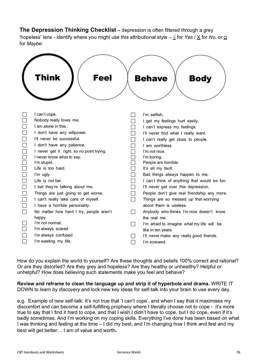 The 'Depression Thinking Checklist' - a CBT worksheet 🧠 👀, image size:849x1200