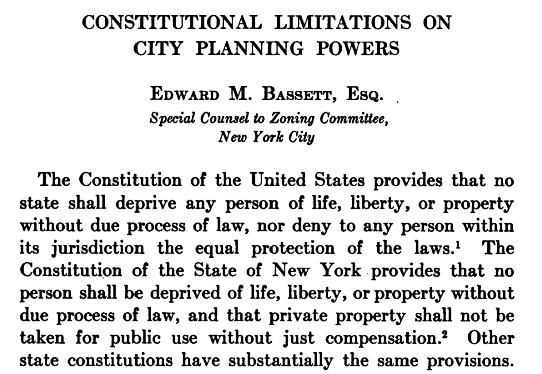 Next on page 199 is the great Ed Bassett, NYC lawyer, one of the stars of this twitter feed, a key figure in saving exclusionary zoning in the Euclid case, father of the Capital Improvement Plan. He wants to to talk about the Constitution.  https://babel.hathitrust.org/cgi/pt?id=hvd.li3hlp&view=1up&seq=217