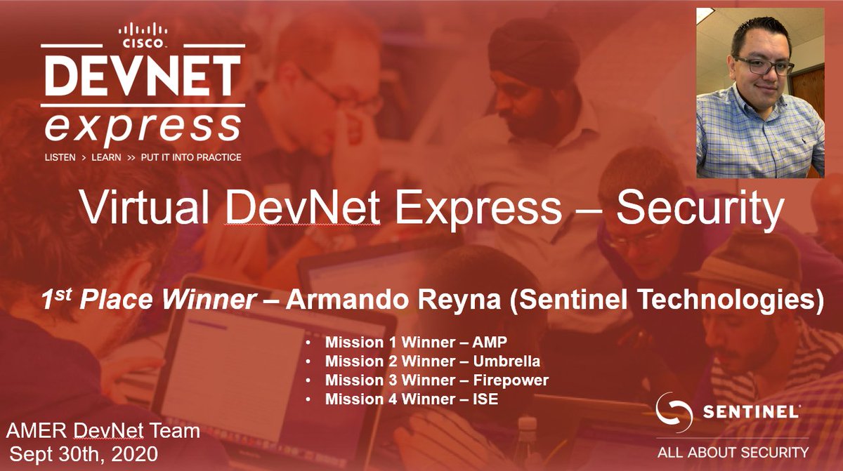 RKeblusek's tweet photo. Very proud of our DevOps team winning 4 of @CiscoDevNet's Express Security Missions!

Great work!

#SentinelTechnologies
#CiscoDevNet https://t.co/DR5mTe4YqU