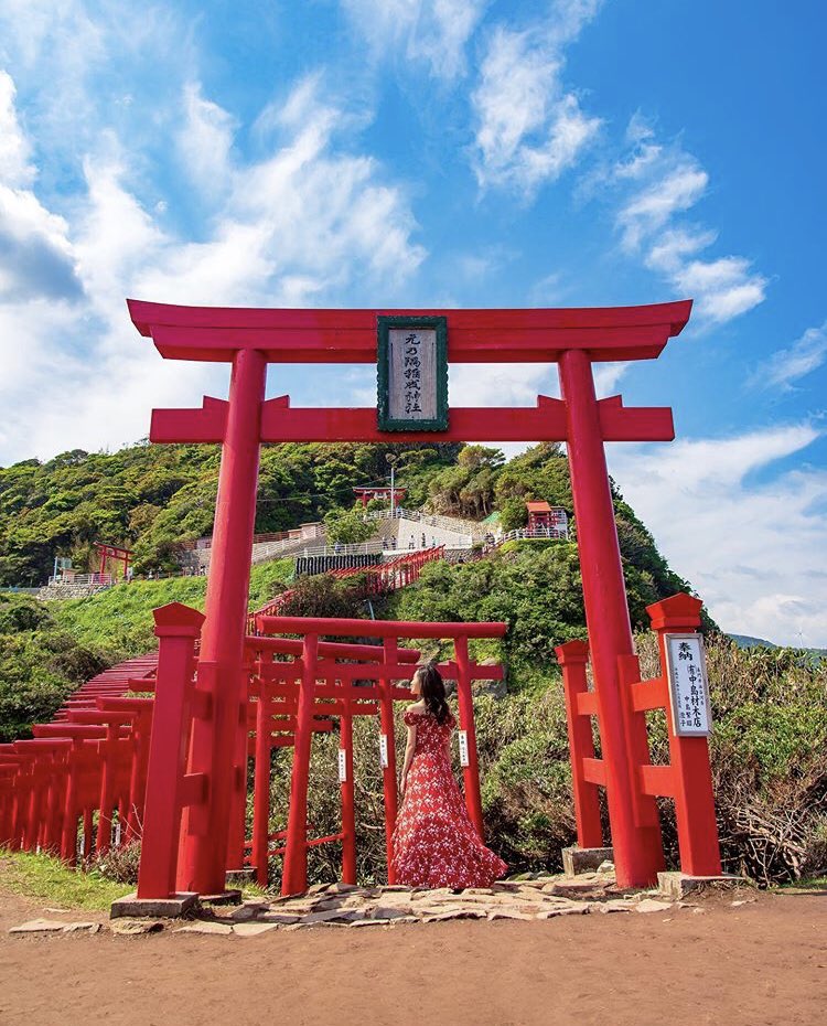 hangout_jp's tweet photo. 山口県の元乃隅神社です。
赤青緑のコントラストが絶景です🙌

手をかざす　鳥居と丘と　秋の空　

photo by kyoko1903 さん

#hangout_japan #hangoutjapan #ハイクアウトジャパン https://t.co/TYy3GTXkAg