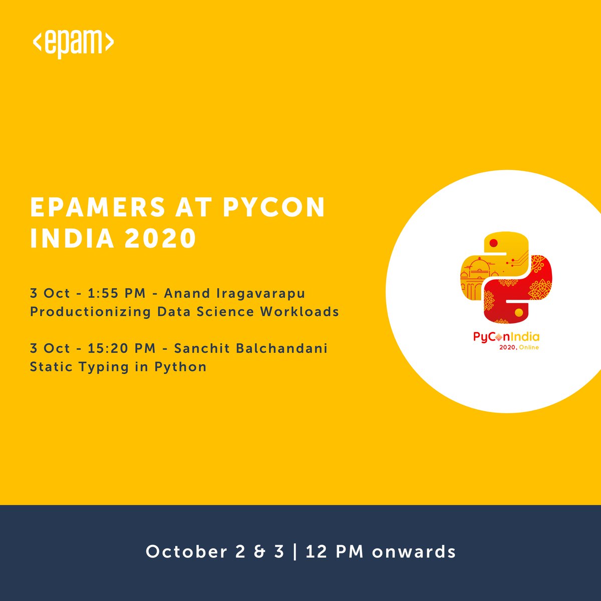 EPAM_India's tweet image. Less than 24 hours for the weekend tech fiesta, and amongst the many illustrious speakers at the event are two of our finest EPAMers... For all of you who are going to be there, do check out  these sessions!! @pyconindia

#LearningWithEPAM #LifeAtEPAM #EngineersofEPAM #pycon2020