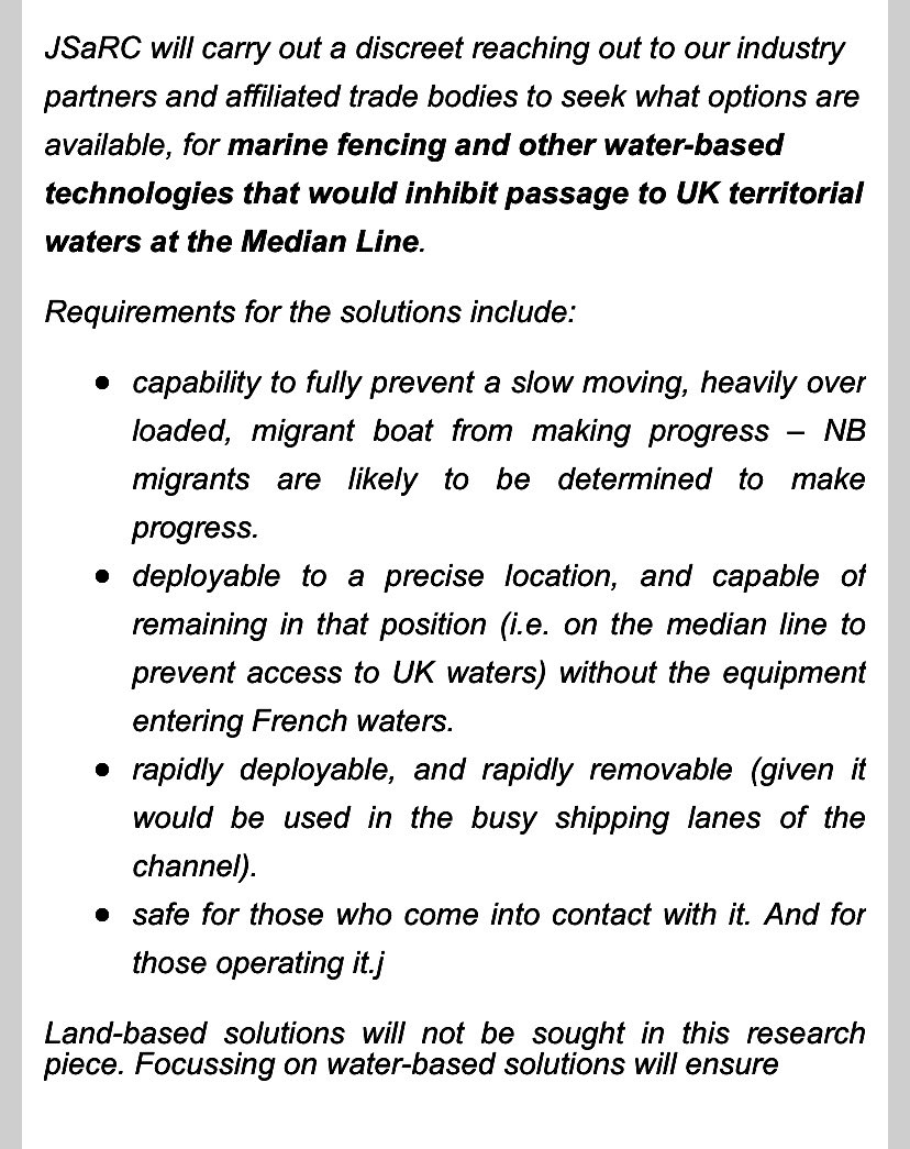 here are the relevant passages making clear that “marine fencing” and other technologies are being sought by Home Office to block asylum seekers in boats