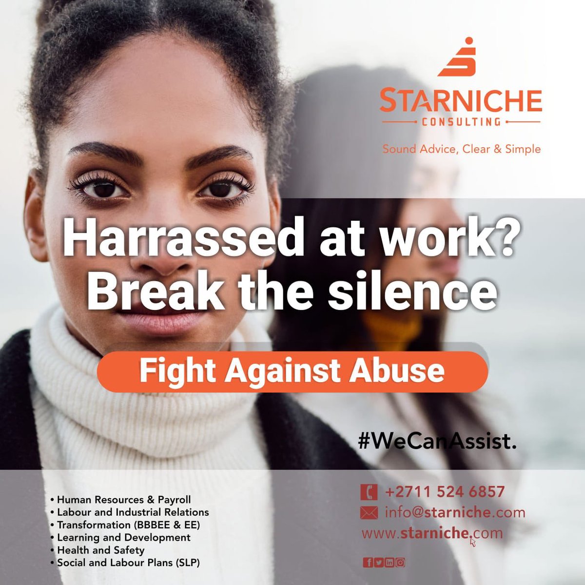 Starniche5's tweet photo. Harassment if prohibited by law, don’t keep silent, seek help. #wecanassist for more information pls contact us on info@Starniche.com or (011) 524-6857 
#rain #DJSBU #TributeToPitso #October1st https://t.co/dvKN3QaLTM