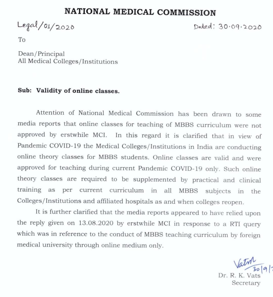 DrMeet_Ghonia's tweet photo. Clarification by National Medical Commission regarding Online Classes.
"Media Reports of @timesofindia are only for FMGs, not for Indian Medical Students".
Read this 1st Notification of NMC! https://t.co/DHXBEFuXL0