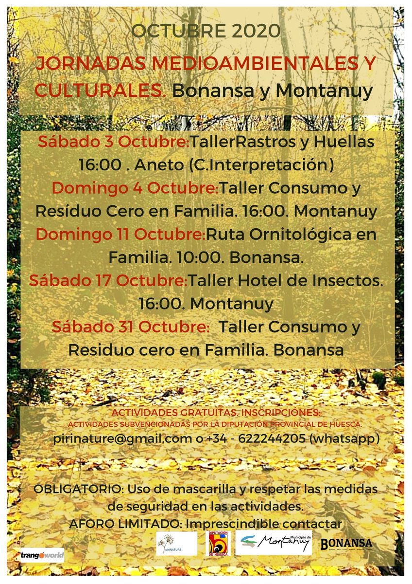 Colaboramos en las jornadas medioambientales de Bonansa y Montanuy, con un montón de actividades subvencionadas por la <a href="/DPHuesca/">Diputación de Huesca</a>. #experiencias en torno a las #aves #reciclaje #compostaje #residuocero #huellasyrastros #insectos. Inscripciones: pirinature@gmail.com. +34 622244205