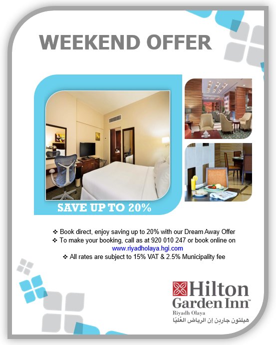 HGI_Olaya's tweet photo. As of today our Hilton Garden Inn Riyadh Olaya is back! We are ready to welcome our guests again, please help us to spread the word around! @ Hilton Garden Inn Riyadh Olaya.
#HonorsDreamAway #HiltonCleanStay #Familytime #Riyadh #weekendvibes #Riyadh_events #Riyadhksa #holidays https://t.co/d0xMCe54Tq
