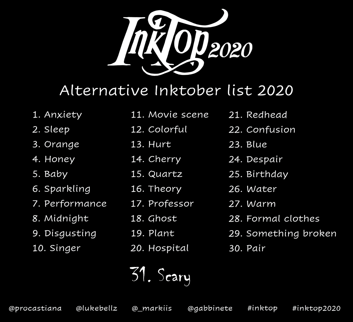S2GabiMedeiros's tweet photo. Depois de broxar com o criador do inktober, meus amigos decidiram criar a própria lista de desenhos pra outubro e aqui está, se você quiser participar é só postar com #Inktop ou #Inktop2020 aqui ou no instagram <3
Pessoalzin:
@procastiana
@Obsidian_cg2
@lukebellz20
@_markiis https://t.co/XZV3XLbVLn