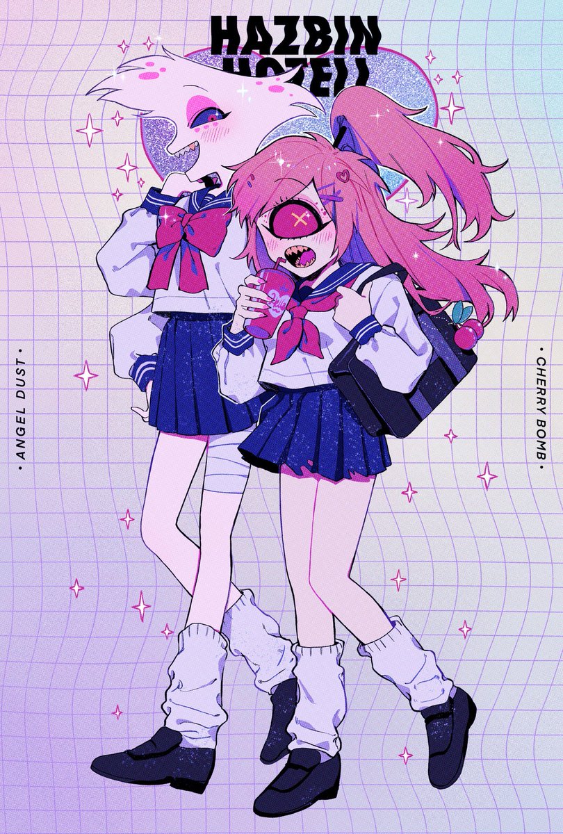 cyclops school uniform skirt one-eyed 2girls multiple girls serafuku  illustration images