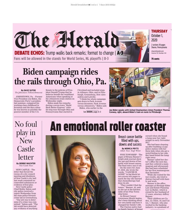 Can’t forget the  @SharonHeraldPa, highlighting  @JoeBiden’s train tour on A1