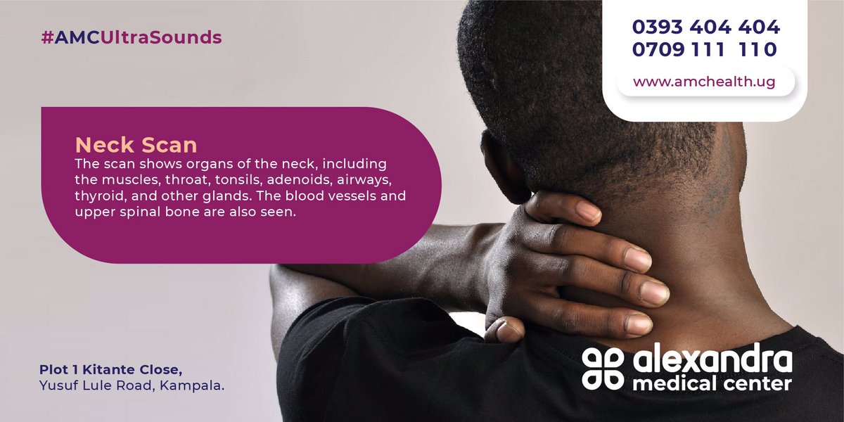 AMCHealthUG's tweet photo. Feeling uneasiness around your neck area? Don’t go around in stress trying to guess what the issue could. Visit us for a Neck Scan today, and we will get to the bottom of things. Find us at Plot 1 Kitante Close, Yusuf Lule Road.
#AMC #NeckScan #FeelGoodAgain https://t.co/GvFjU9g72v