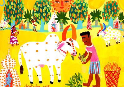 The milkmen, or gwalas collected such a cows urine fed only with mango leaves in earthern pots, concentrated the pigment by heating, cooled and dried it, then pressed it into round balls. Indian yellow was not only used extensively in Indian art, but also exported to Europe.