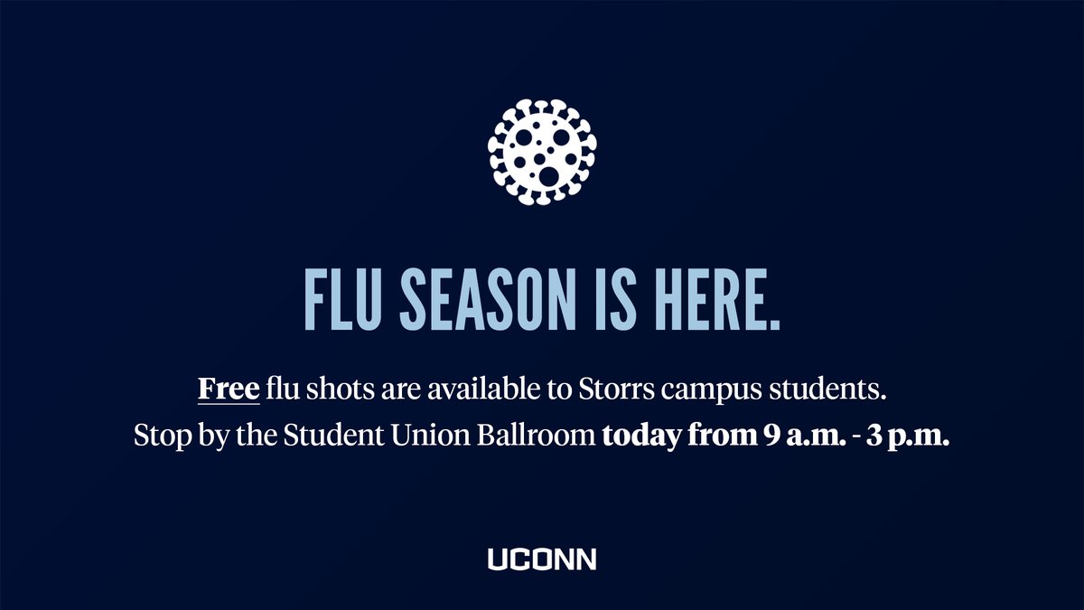 UConn's tweet photo. Keep the #UConnPromise and get your flu shot today.
Free flu clinics are available for all Storrs campus students.
More info » https://t.co/TsSuzEuj5p https://t.co/WGKps0362u