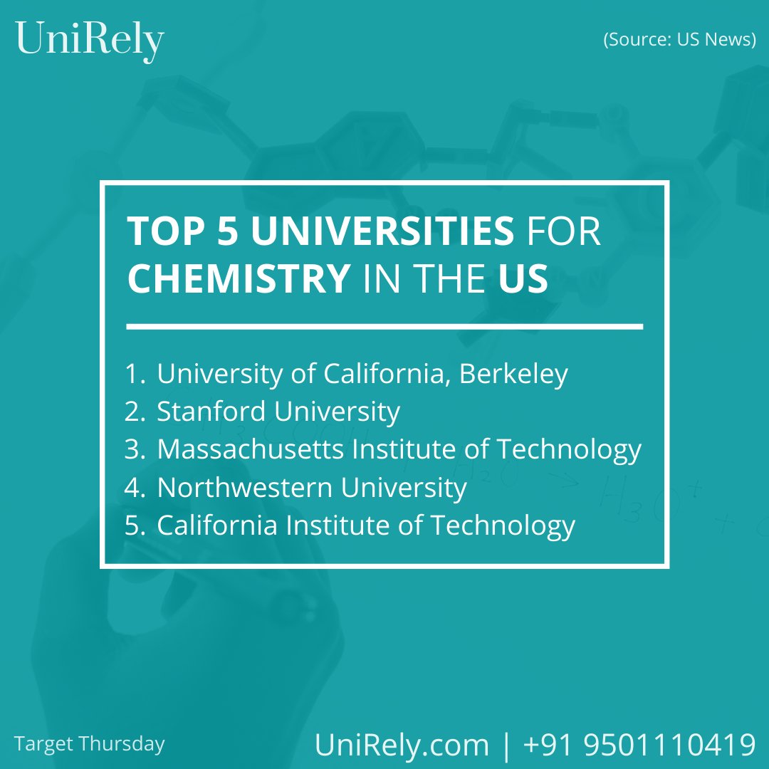 Top 5 Universities for Chemistry in the US.

#unirely #collegecounseling #studyintheusa #studychemistry #studyabroad #chemistrystudy #chemistrystudent #chem #ucberkeley #stanforduniversity #mit #northwesternuniversity #northwestern #californiainstitute #chemistrystudies