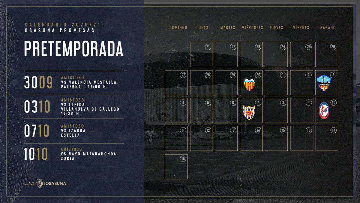 SEGUNDA B | #Osasuna Promesas se medirá al <a href="/Lleida_Esportiu/">Lleida Esportiu</a> el sábado 3 de octubre a partir de las 17:30 horas en el Estadio Nuevo Enrique Porta, situado en la localidad aragonesa de Villanueva de Gállego.