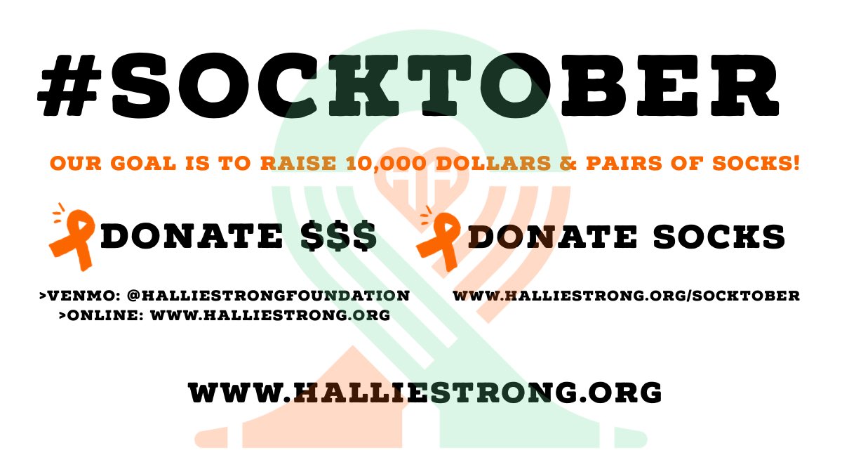 Today kicks off #socktober! Our biggest annual fundraiser &amp; sock drive. Help us hit our goal of 10k so we can keep spreading Hallie’s hope! Click on the link to donate now! halliestrong.org/socktober #halliestrong