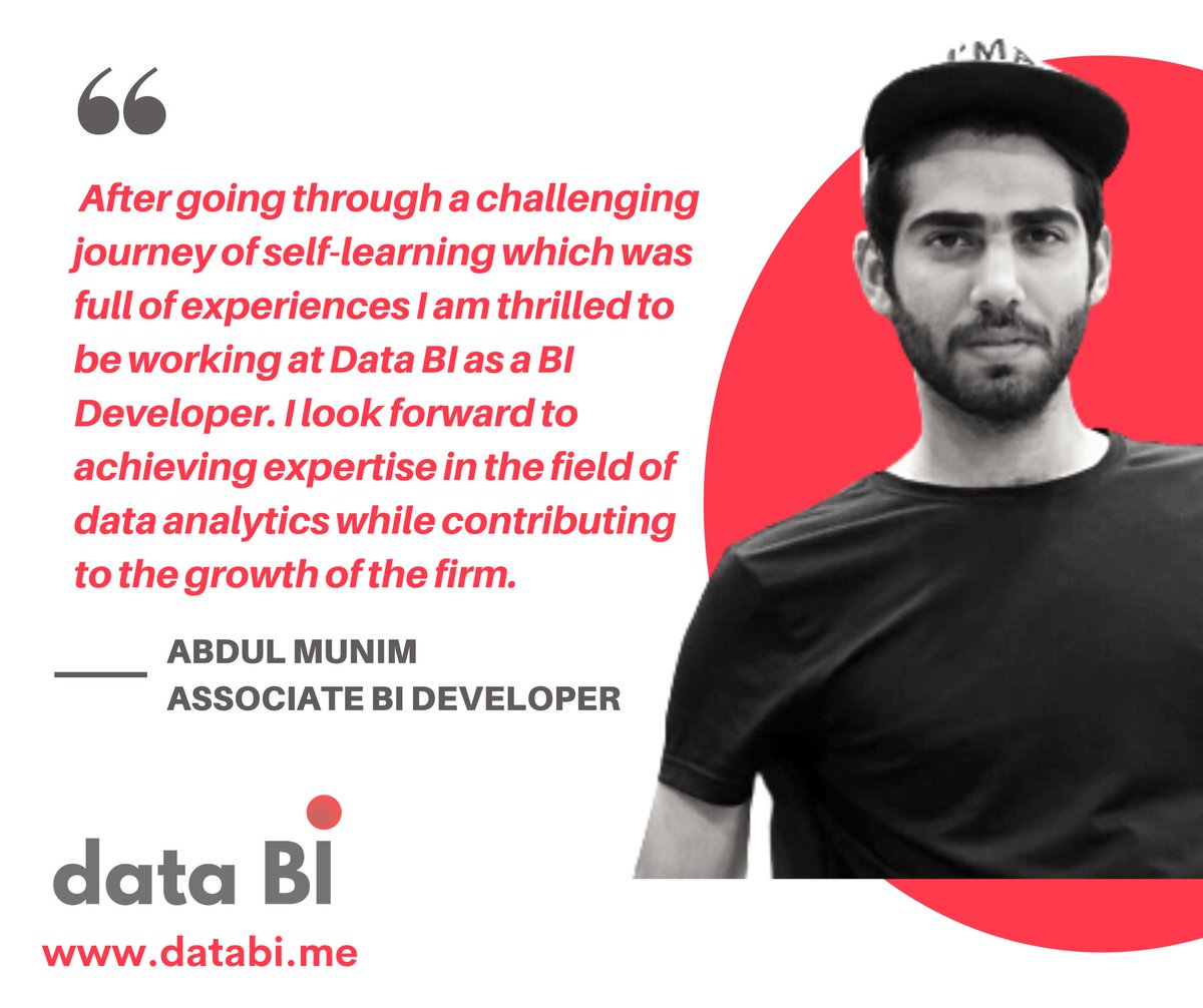 Welcome to our new Associate BI Developer, Abdul Munim.

We are excited to see the pivotal contributions their bright minds will have to the team!

Book a Free #Business #Analytics #Strategy Session with us.

Visit: databi.me

#dataanalytics #BigData #AI #software