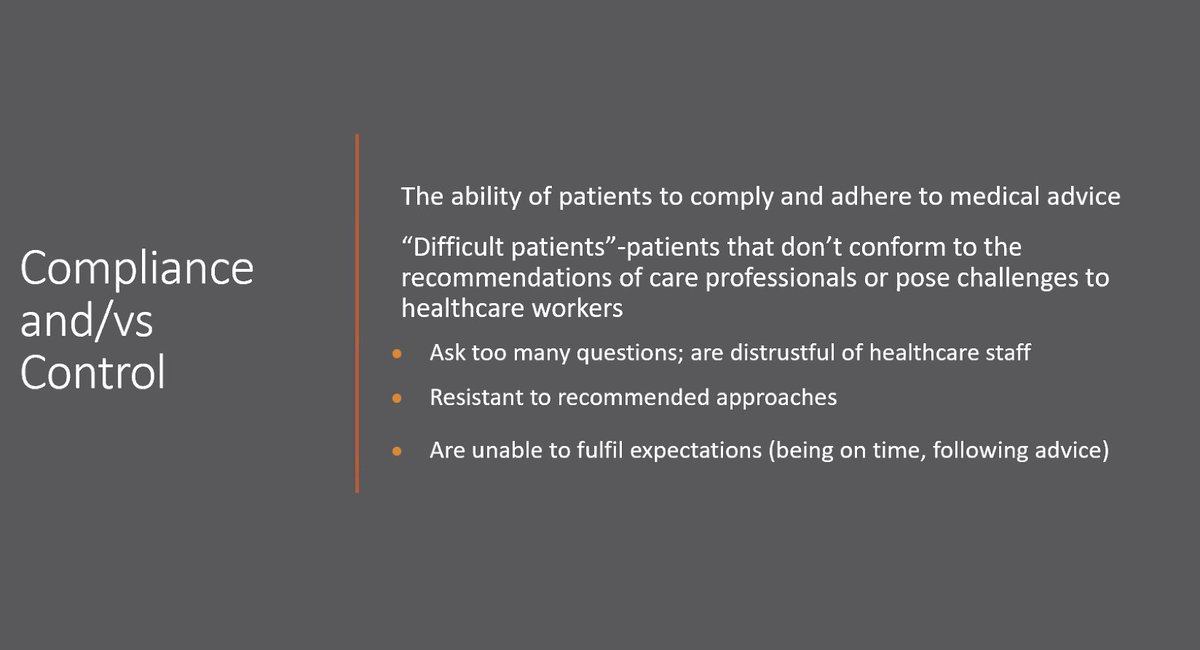  @S_Adjekum talks about the language we use about compliance... do we need to control those who seek our advice in healthcare? What does this mean for us to talk about "compliance" or "difficult patients"?