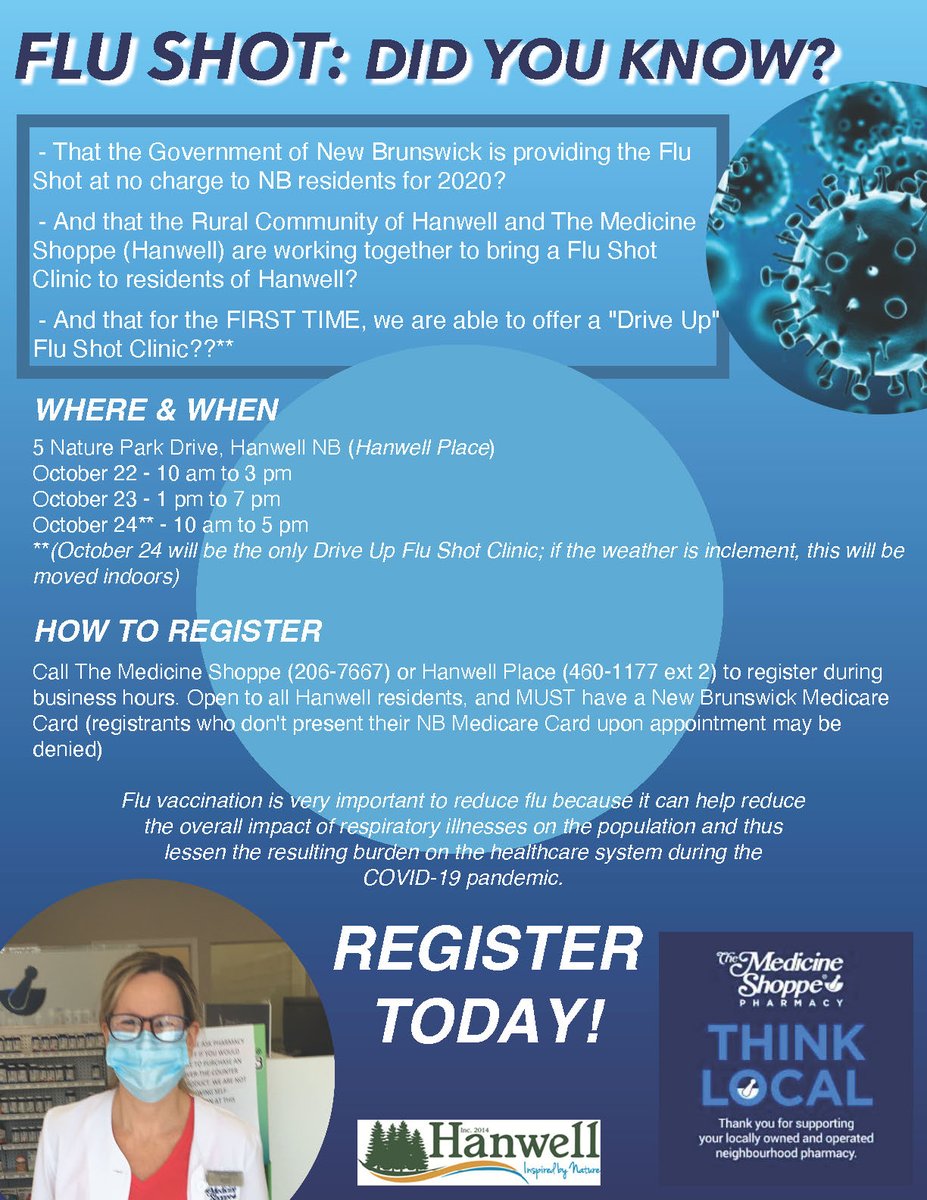 Hanwell Flu Shot Clinic at Hanwell Place!  See poster for details!  By registration only, and must have valid NB Medicare Card.  New: Drive Up Flu Shot!!  
COVID-19 sanitization and social distancing processes in place. Register today!