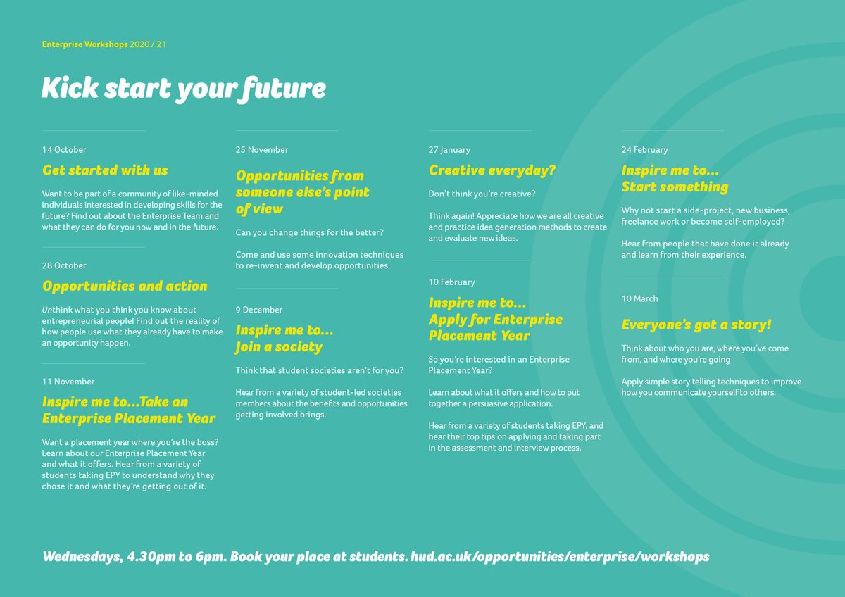 HudEnterprise's tweet photo. We're excited to announce the return of our Enterprise Workshops on 14th October. A unique opportunity to allow for you to build your #enterprise and #employability skills, these virtual workshops will take place every two weeks! Book your slot here👇

https://t.co/qcriL7GxiT https://t.co/qTnw3v9Vox