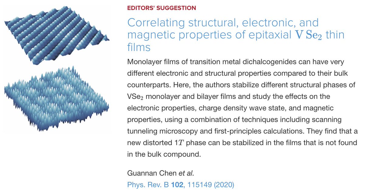 PhysRevB's tweet photo. PRB Editors' Suggestion: Correlating #structural, #electronic, and #magnetic properties of epitaxial #VSe2 thin films
Guannan Chen et al.
Phys. Rev. B 102, 115149
#physics #condmat #EdSugg @APSPhysics
Article: https://t.co/BKIkZyJBRi https://t.co/c6murGUjj1