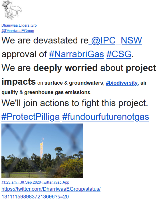 WgarNews's tweet photo. #ProtectPilliga #FundOurFutureNOTgas #WGARcompilation #1Oct2020 https://t.co/JFD6CkD1UT ft #DharriwaaEldersGrp DevastationAtApprovalOf #NarrabriGas | #KnittingNannasMidcoast | #NSWIndependentMPJustinField | #LocktheGateMovement #NatalieCromb @NatalieCromb https://t.co/3ZghraY3uq https://t.co/WXeHqNxyos