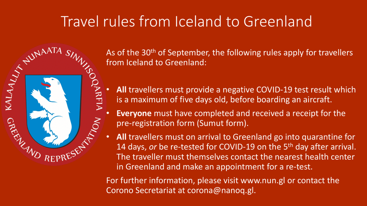 Travelling 🛫  from Iceland🇮🇸 to Greenland🇬🇱? 

Remember to follow the testing- and quarantine guidelines 
Remember to submit the pre-registration (Sumut form) in good time: 📝 sumut2020.gl
Remember to wear a mask 😷
All information available at nun.gl