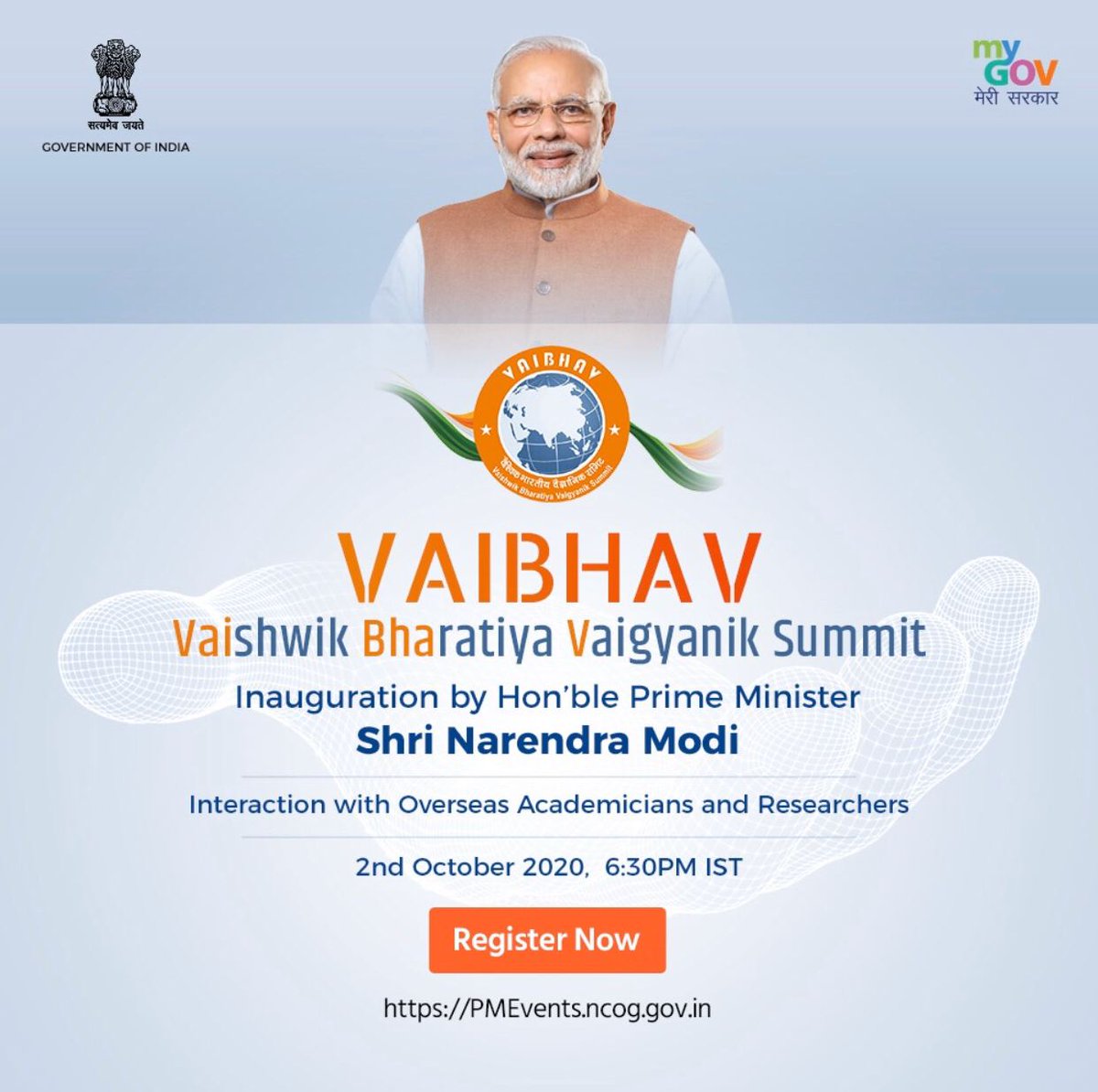 CSCDCSanjayKum1's tweet image. Hon’ble PM will inaugurate Vaishwik Bharatiya Vaigyanik (VAIBHAV) Summit and interact with overseas Academicians &amp;amp; Researchers tomorrow from 6:30 PM onwards. Register now: pmevents.ncog.gov.in #VaibhavSummit