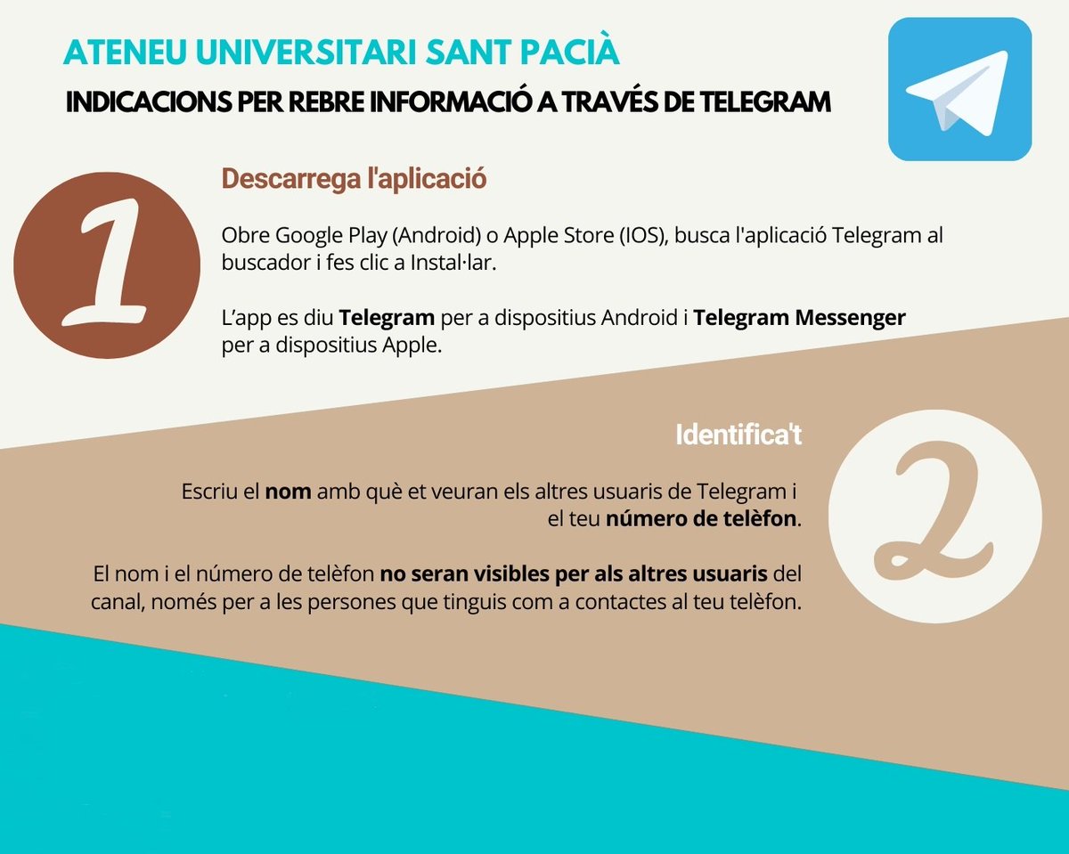unisantpacia's tweet photo. L'Ateneu inaugura dos canals de Telegram per guanyar immediatesa en les comunicacions, sobretot en cas d'incidències per COVID.

👉 @unisantpacia 
ℹ info general (notícies, cursos, etc.)
🙋‍♀️ obert a tothom

👉 @covidsantpacia
ℹ incidències (horaris, aïllaments)
🙅‍♀️ comunitat AUSP https://t.co/N7ZgQvariN