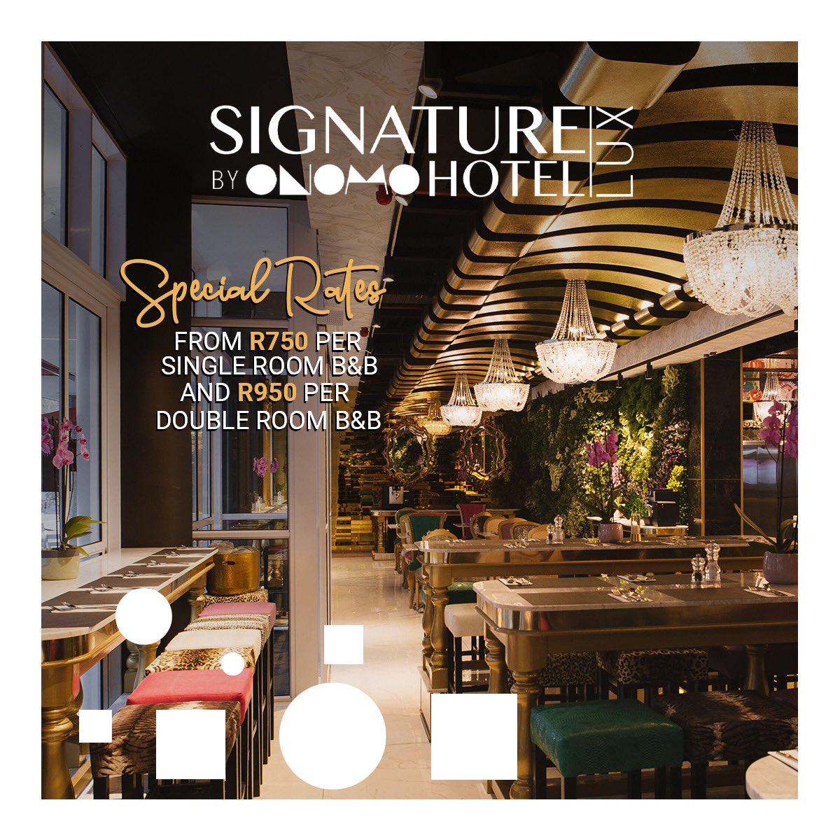 Book directly on our website and receive an additional 20% off.

Valid for accommodation between 15 September and 24 December 2020 

Contact details: +27 87 688 0396

res@signatureluxhotels.com

Website for bookings: signatureluxhotels.com/foreshore/