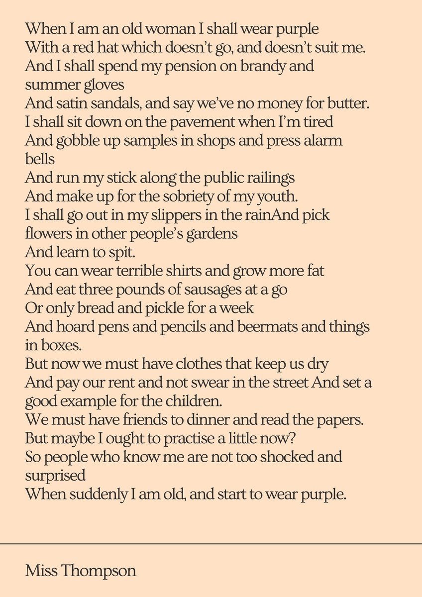 OswestrySchool's tweet photo. To celebrate #NationalPoetryDay teachers at Oswestry School are sharing their favourite poems! This is Miss Thompson's favourite, Warning by Jenny Joseph

#poems #education #oswestryschool #nationalpoetryday2020 #oswestry #school #shropshire #learningforlife #613years https://t.co/EXSwYzEMI1