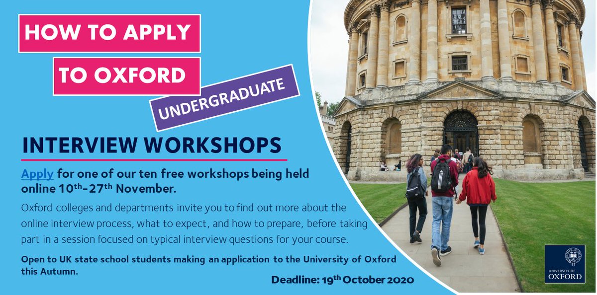 How do you get into Oxford? Hear from our expert tutors about how to prepare for an undergraduate admissions interview at our Remote Interview Workshops this November. 

Open to UK state school students - apply now! bit.ly/36loNID

#OxInterviews2020