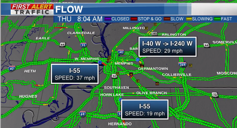 Slowing out of West Memphis, AR, Southaven, MS and in East Memphis. Leave early! #wmc5