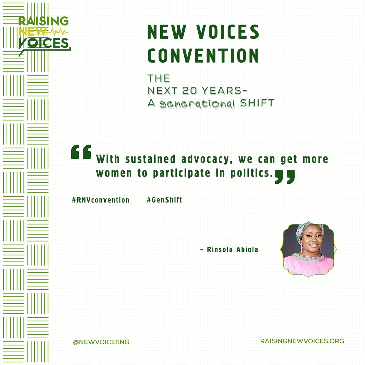 NewVoicesNG's tweet photo. Sustained advocacy will get more women into the political space. - @RinsolaAbiola
#RNVconvention #GenShift https://t.co/26V6PBq05t