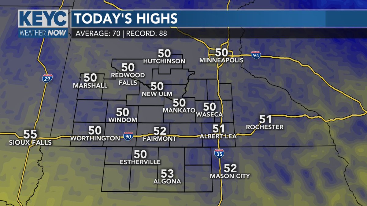 Chilly today:
Temperatures will sliding down into the upper 40s to low 50s. Temps will be  15-20° below where they should be for this time of year. Mostly cloudy skies will continue and some more hit/miss light rain.