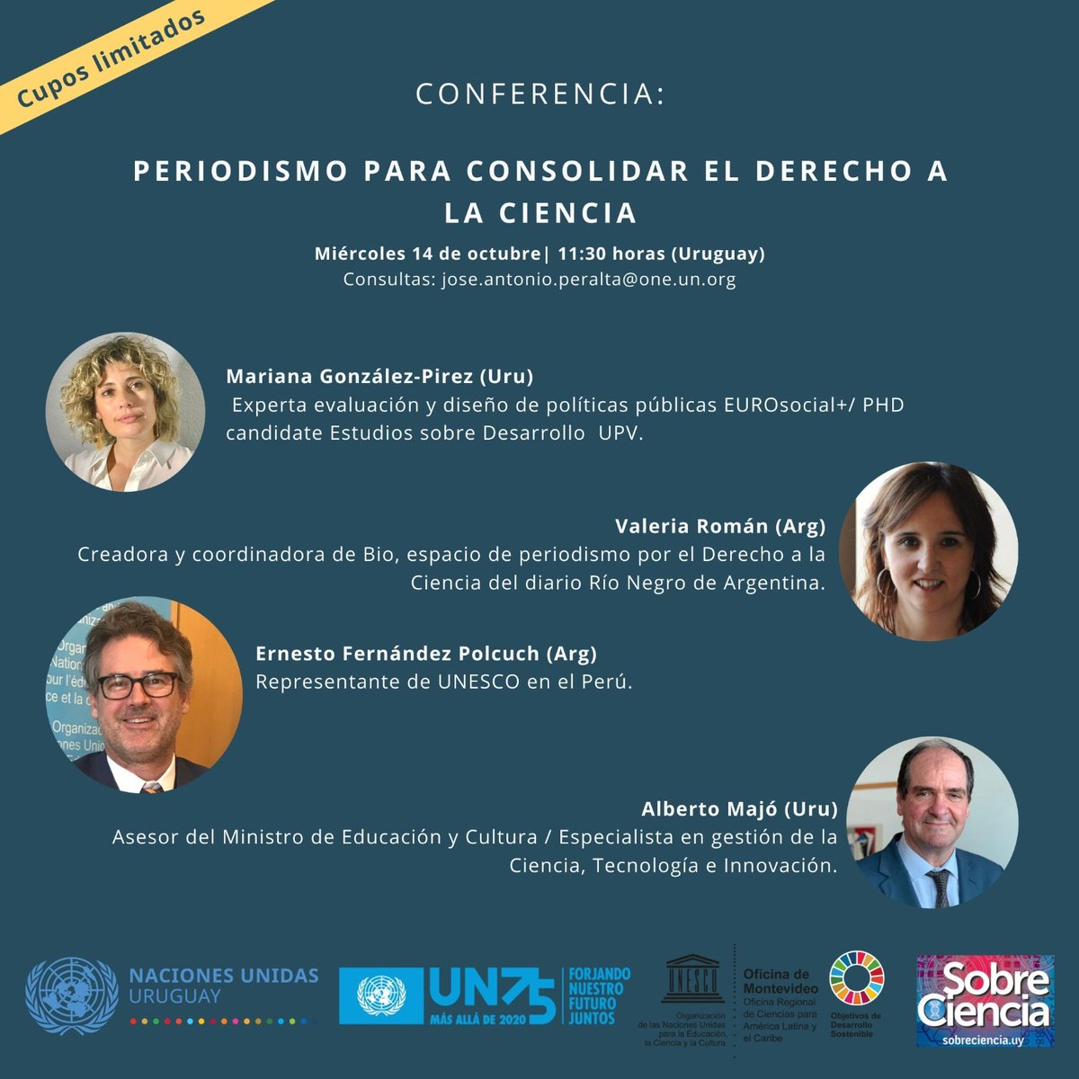 El 1⃣4⃣de octubre los invitamos a participar de la conferencia:

✅"Periodismo para consolidar el Derecho a la Ciencia", organizada por SobreCiencia, <a href="/ONUUruguay/">ONU Uruguay</a> y @unescomvdo, en el marco de #un75thanniversary ‼️

⭕️Formulario para inscripciones👇🏽👇🏽
docs.google.com/forms/d/e/1FAI…
