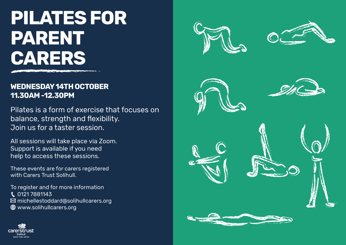 solihullcarers's tweet image. #Solihull #CaringForCarers #Pilates #MentalHealth #PhysicalHealth #Wellbeing #NeverMoreNeeded

Calling all #ParentCarers We have organised a Zoom Pilates class on Wednesday 14th October at 11.30am. If you would like join the session contact Michelle as outlined on the flier below