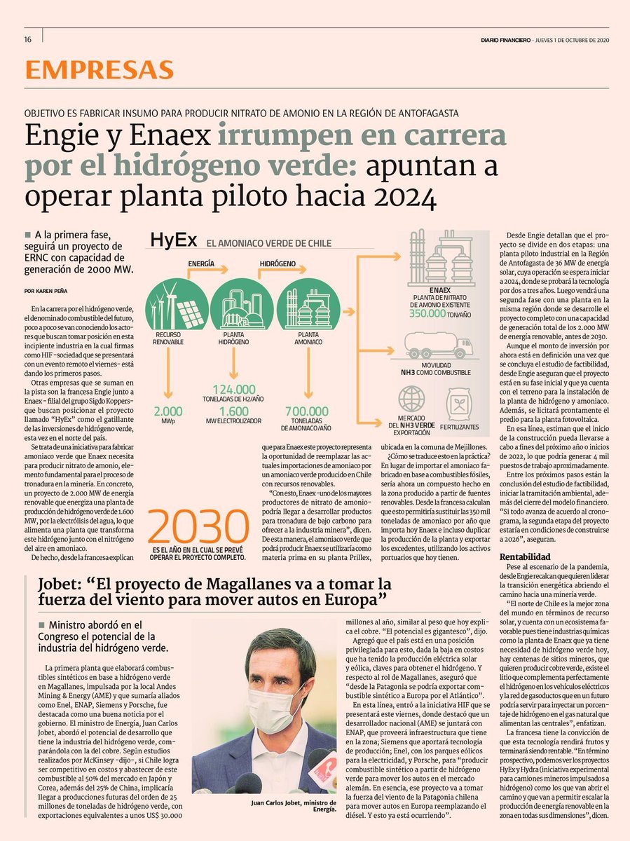 Engie y Enaex irrumpen en carrera por el hidrógeno verde: apuntan a operar planta piloto hacia 2024 ✅ El objetivo es fabricar insumo para producir nitrato de amonio en la Región de #Antofagasta. 

#PrensaEnergía 👇 <a href="/DFinanciero/">Diario Financiero</a>