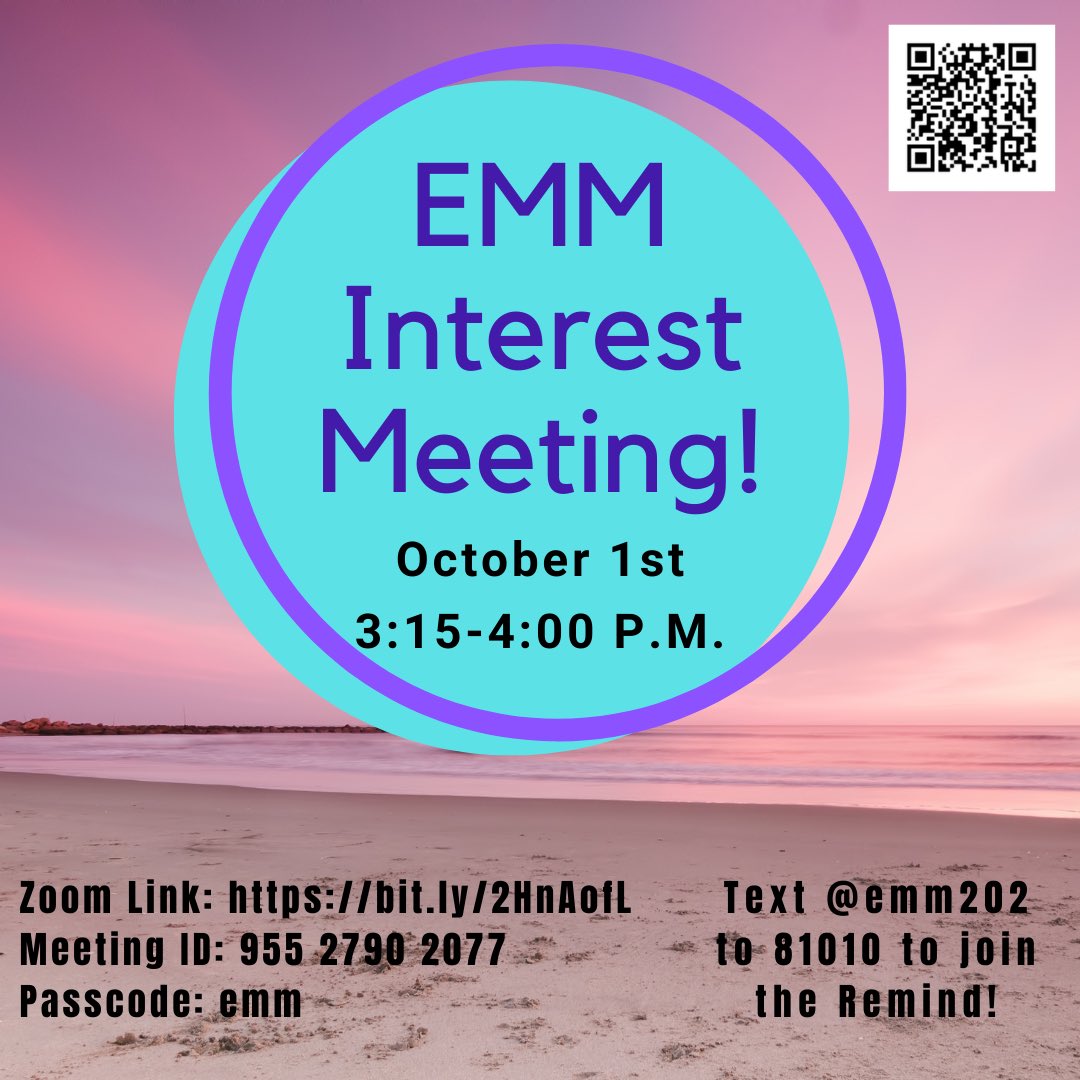 Join us today for our interest meeting for the 2020-2021 school year! From 3:15-4:00 🦅🦅🦅 
Link: bit.ly/2HnAofL
Meeting ID: 955 2790 2077
Passcode: emm

See you then!