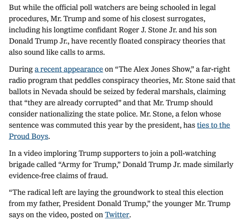 "something of a more perilous nature for a democracy""recently floated conspiracy theories that also sound like calls to arms."A democratic emergency.  https://www.nytimes.com/2020/09/30/us/trump-election-poll-watchers.html