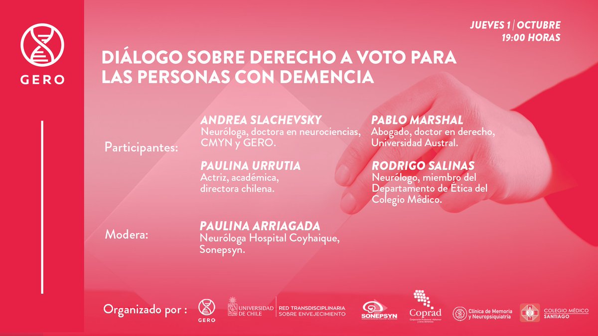 gerochile's tweet photo. Continuaremos la conversación en el seminario “Diálogo sobre derecho a voto para las personas con demencia”, donde expertos analizarán la situación. Hoy a las 19:00 horas en nuestra página de Facebook → https://t.co/mg6evgTGdF https://t.co/k1xg7erWJx