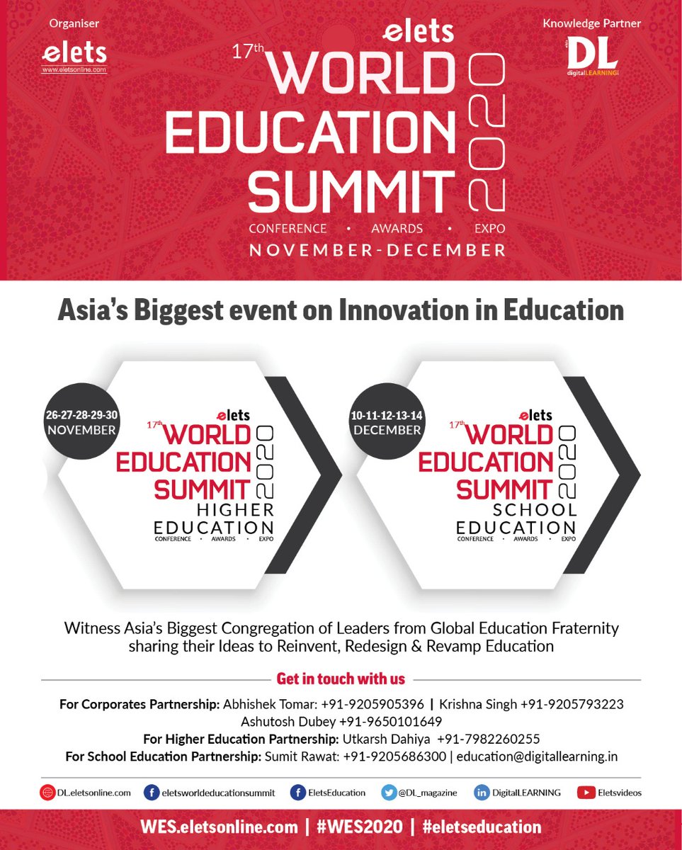 dl_magazine's tweet photo. "World Education Summit &amp; Awards 2020" is back. @eletsonline in association with Digital Learning magazine is elated to announce the dates of WES Higher Education 26th-30th November &amp; WES School Education 10th-14th December. 
https://t.co/zLHx5IuGAa https://t.co/f2tjpG8ga9
