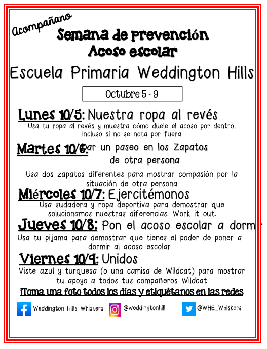 WHE_Whiskers's tweet photo. Join us for our virtual spirit week to promote Bully Awareness Oct 5-9! Feel free share any pictures you take of your kiddos to show how the Wildcats promote Bully Awareness! https://t.co/DkwJj0zBtG