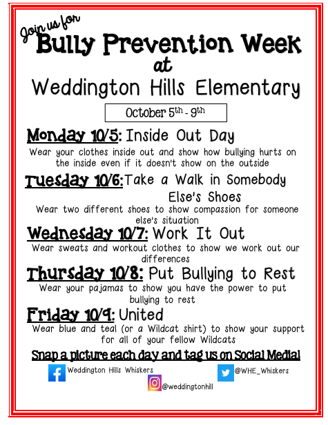 WHE_Whiskers's tweet photo. Join us for our virtual spirit week to promote Bully Awareness Oct 5-9! Feel free share any pictures you take of your kiddos to show how the Wildcats promote Bully Awareness! https://t.co/DkwJj0zBtG