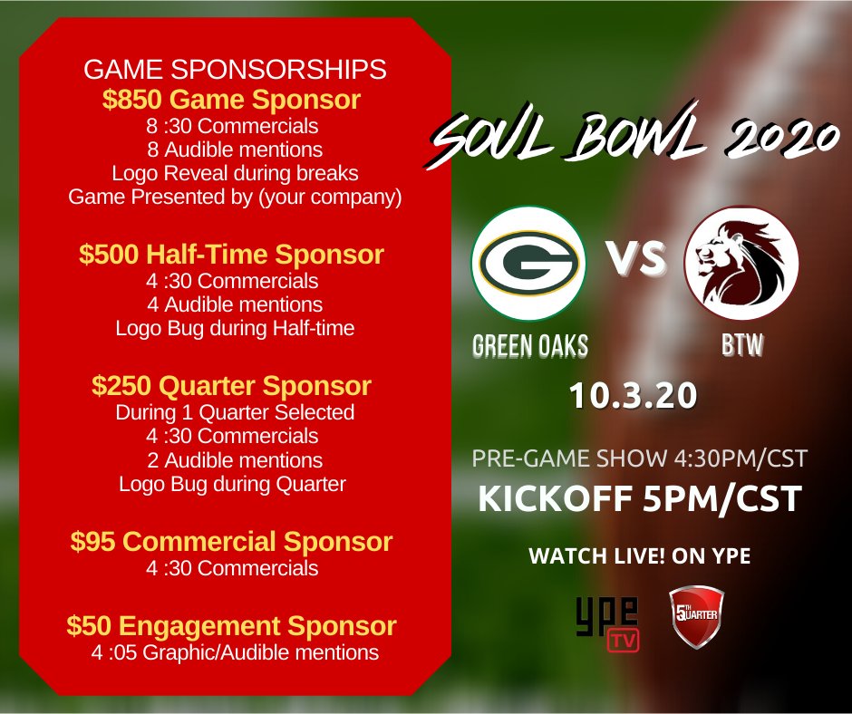 Young_Pros_Ent's tweet photo. Is your business looking to reach a new audience? Advertise with 5th Quarter Sports in this weekend's legendary Soul Bowl! Call us today to get started.
#5thQuarterSports #YPEtv #Media #Marketing #Entertainment #YPE #Studio #Videography https://t.co/hPrVk9BsTG