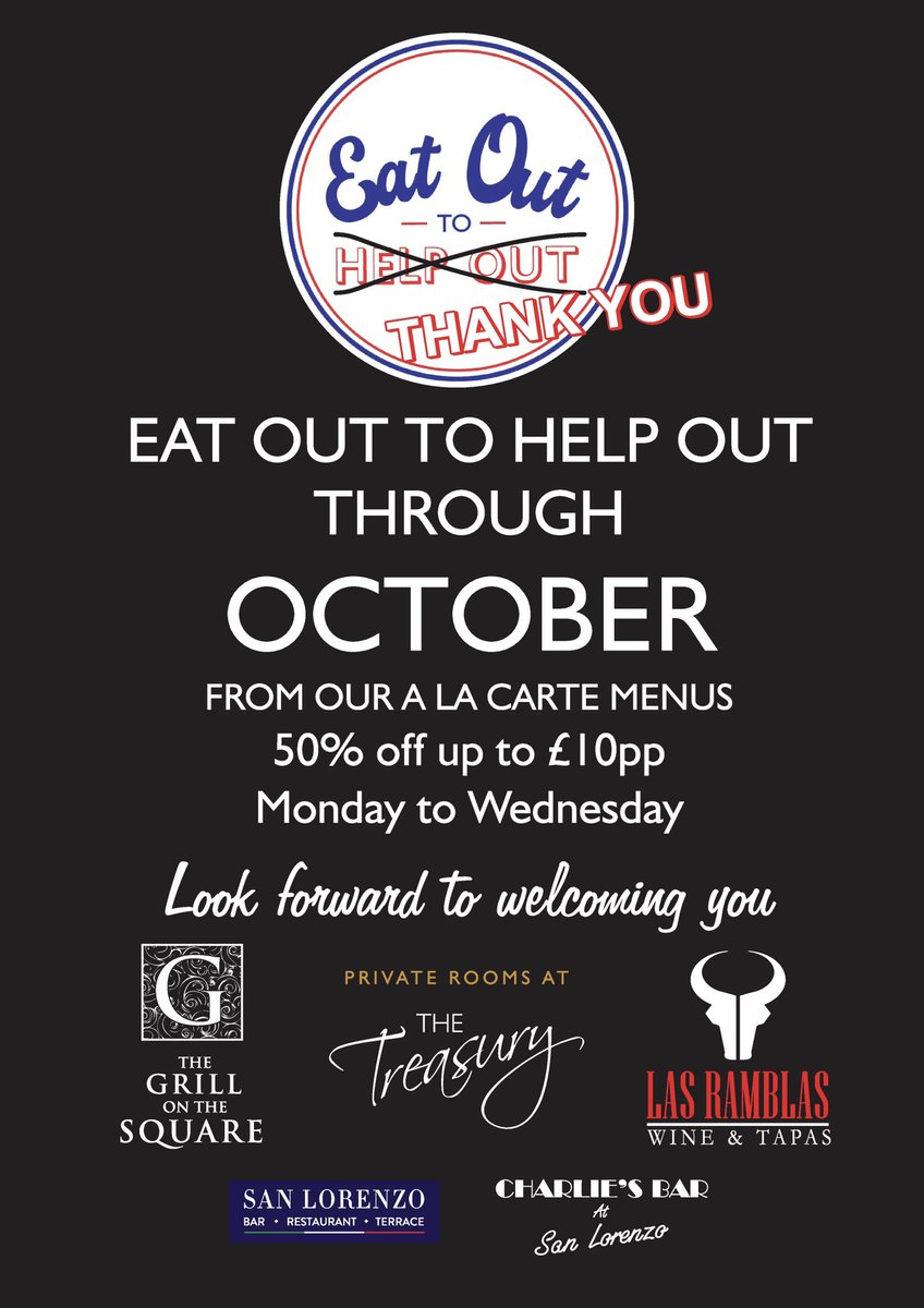 To thank you for your continued support, we’re extending #EatOutToHelpOut through #October when dining from our A La Carte Menus at <a href="/GrillOnTheSq/">Grill On The Square</a> <a href="/LasRamblasUK/">Las Ramblas</a> <a href="/SanLorenzoVenue/">San Lorenzo Italian</a> <a href="/TreasuryDining/">The Treasury Private Dining</a> 

Look forward to welcoming you soon