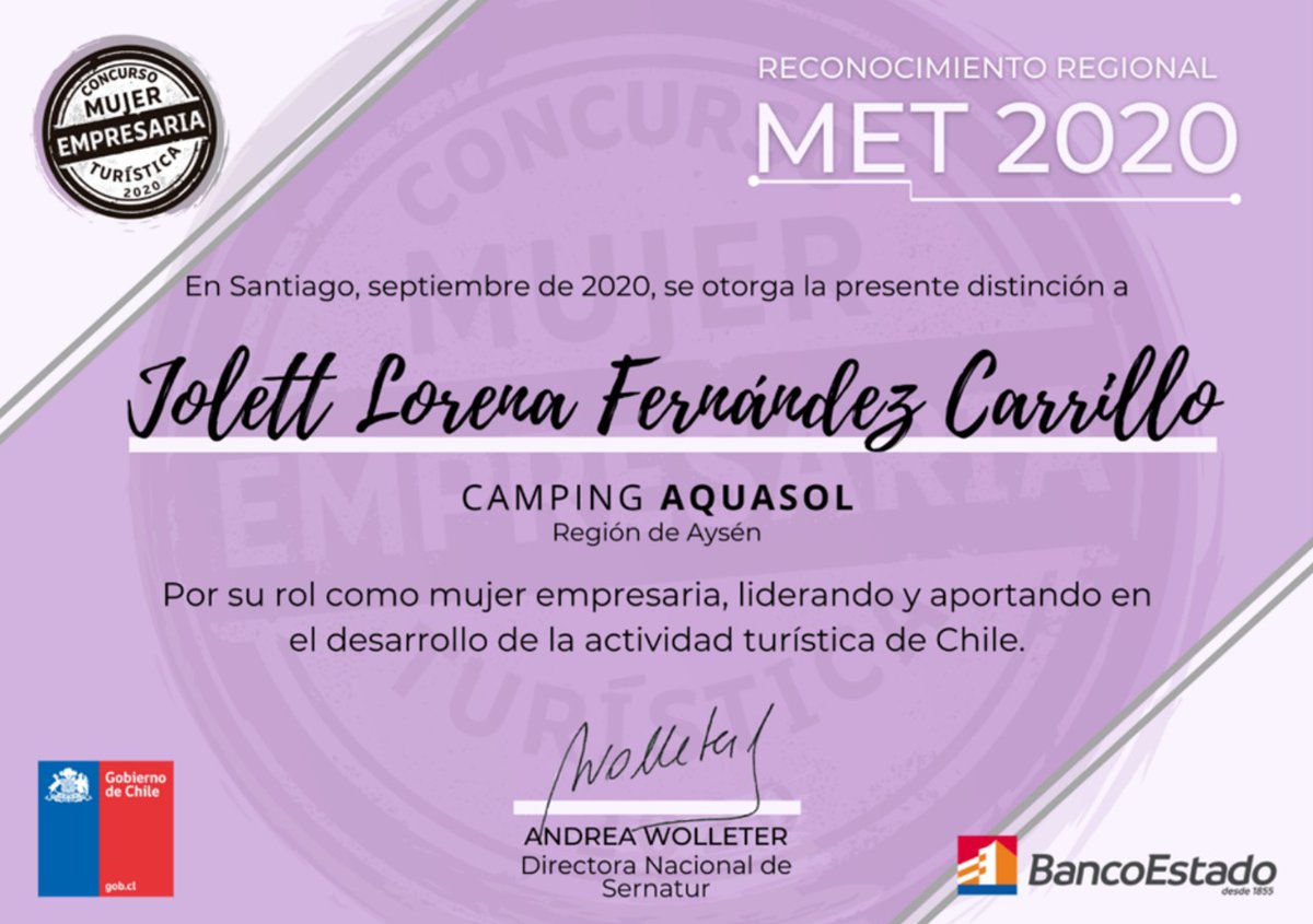 sernaturaysen's tweet photo. Junto a @SernamegAysen @GobeCapitanPrat @MunicipCochrane @BancoEstado y la A.G. de Turismo de Cochrane, realizamos la ceremonia virtual de premiación a nuestra #MujerEmpresariaTurística 2020 

Jollet Fernández Carrillo del Camping AquaSol 🏕 de #Cochrane 

Felicidades 👏👏👏 https://t.co/UYbab231BF