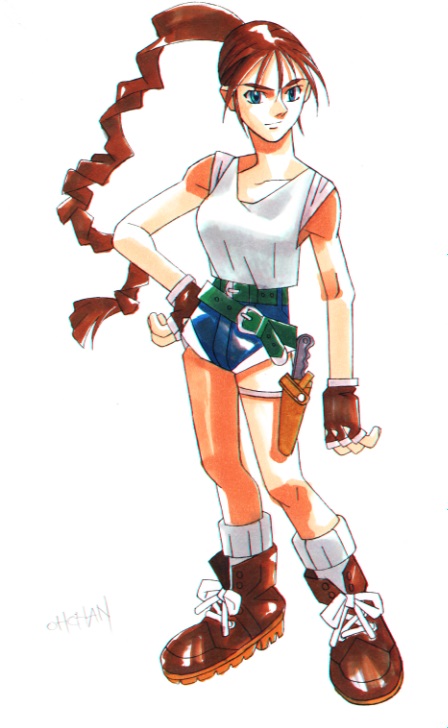 A manga style illustration of Lara Croft from 1996 with a plain white background. She has a long braid and is posing with one hand on her hips.